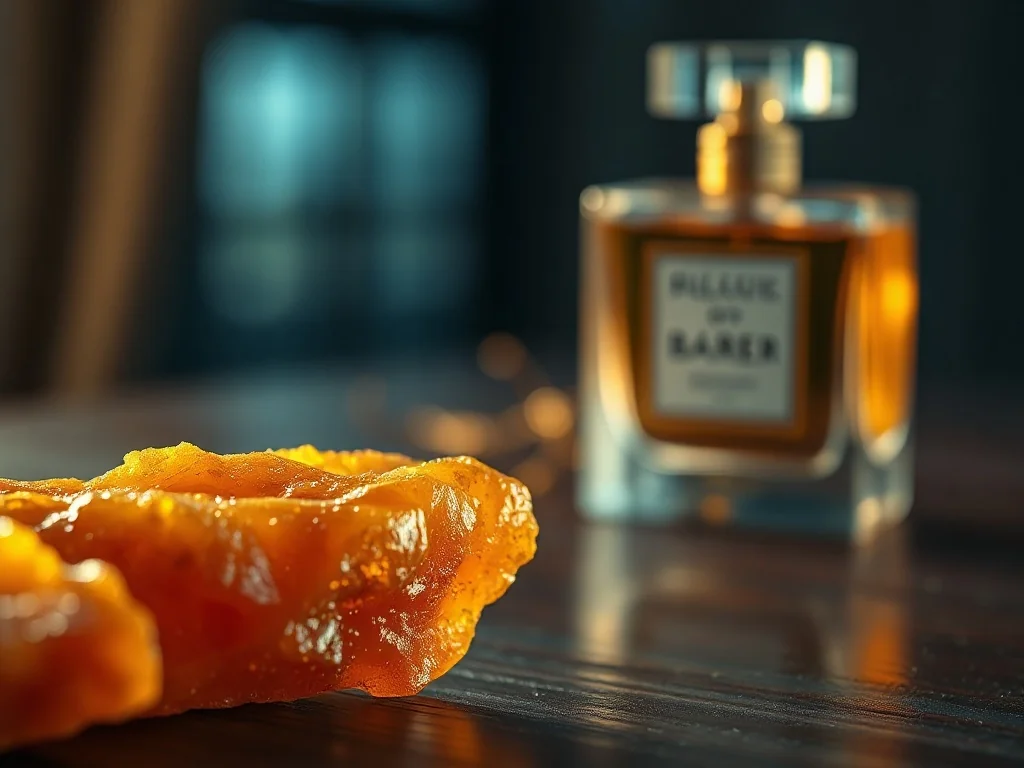 Bryłka bursztynu w ciepłym świetle obok eleganckiego flakonu perfum, podkreślająca luksusowy charakter zapachu.