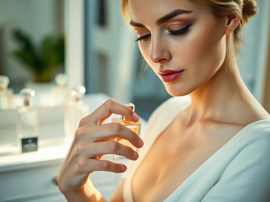 Elegancka kobieta aplikuje perfumy na nadgarstek, co zapewnia ich trwalsze utrzymywanie się na skórze.
