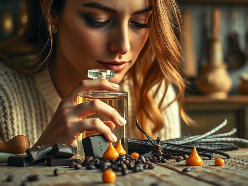 Kobieta wąchająca perfumy w otoczeniu składników gourmand, takich jak czekolada, wanilia i karmel.