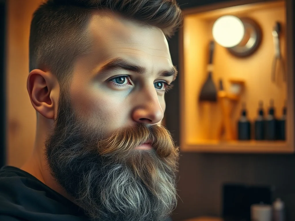 Zadbany mężczyzna z gęstą brodą przegląda się w lustrze w profesjonalnym zakładzie barberskim.