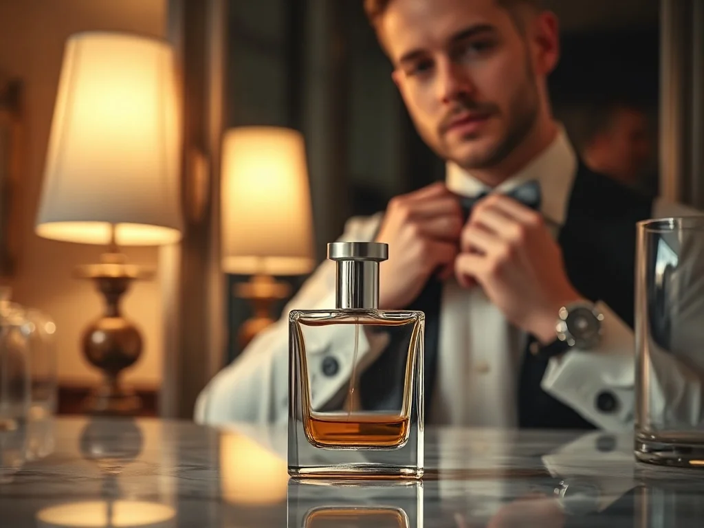 Elegancki flakon wody kolońskiej na marmurowym blacie, w tle mężczyzna poprawiający krawat przed lustrem.