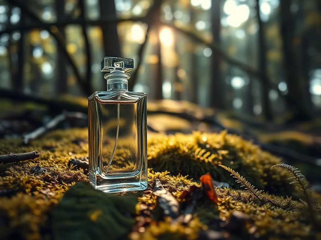 Elegancki flakon perfum umieszczony na mchu i leśnym poszyciu, podkreślający ziemisty i szyprowy charakter zapachu.