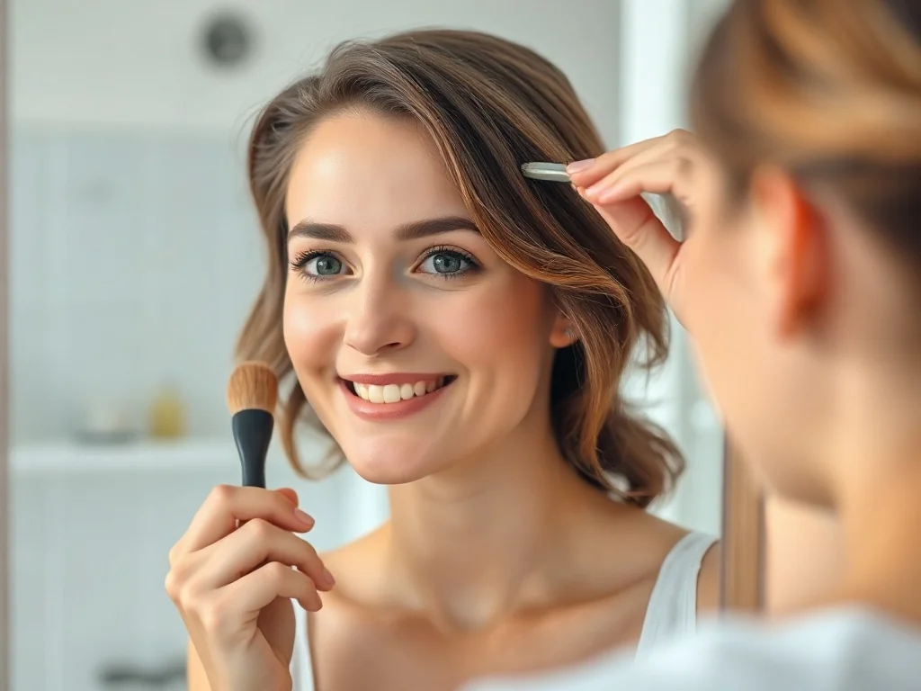 Kobieta stylizuje drobne baby hair przy czole za pomocą małej szczoteczki, przeglądając się w lustrze.