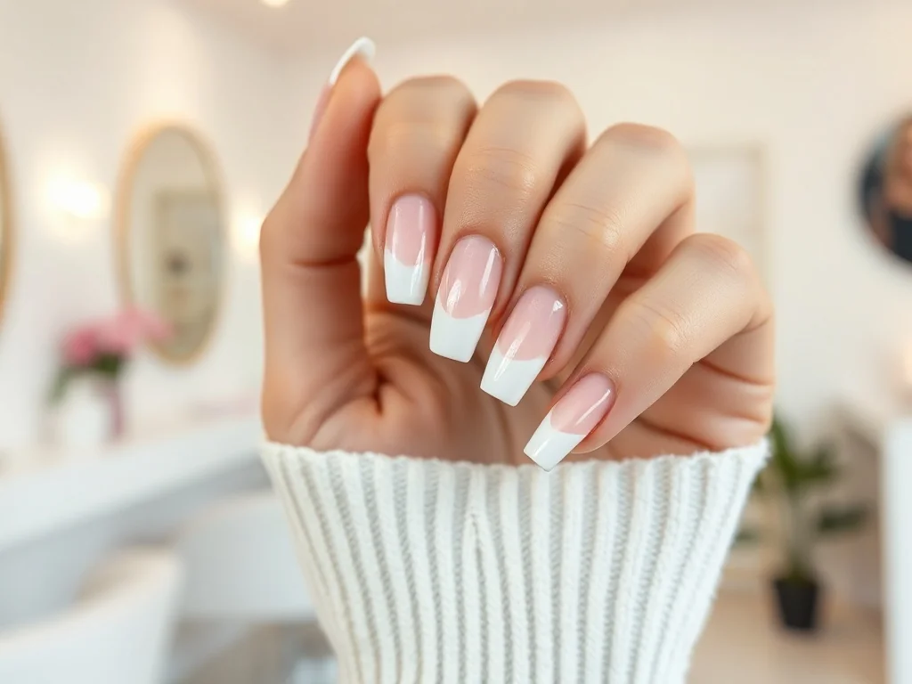 Dłonie z profesjonalnym manicure typu babyboomer z płynnym przejściem bieli w róż. Eleganckie, zadbane paznokcie w zbliżeniu.